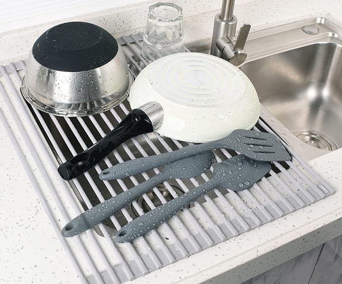 Surpahs Roll-Up Dish Drying Rack, Warm Gray, 20.5" x 15.5", Wide Platform, Fits Sinks up to 18.5", Silicone-Coated Stainless Steel