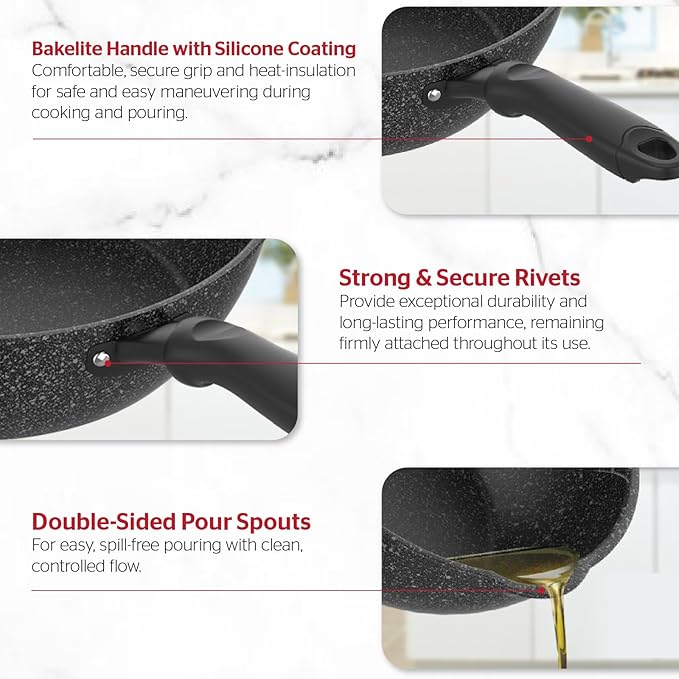 Sunhouse – 12 Inch / 30 cm Non-Stick Deep Frying Pan with Double Pour Spouts, 5-Layer Whitford Non-Stick Coating, PFOA-FREE, Stay-Cool Handle, Induction Compatible with All Cooktops