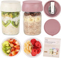 SOLIGT 2 Pack Overnight Oats Containers with Lids, Folding Spoons and Divided Compartments for Fruit & Nuts, Small Glass 16oz Mason Jars for Oatmeal Yogurt Parfait (2 Set-Oat White/Rose Pink)