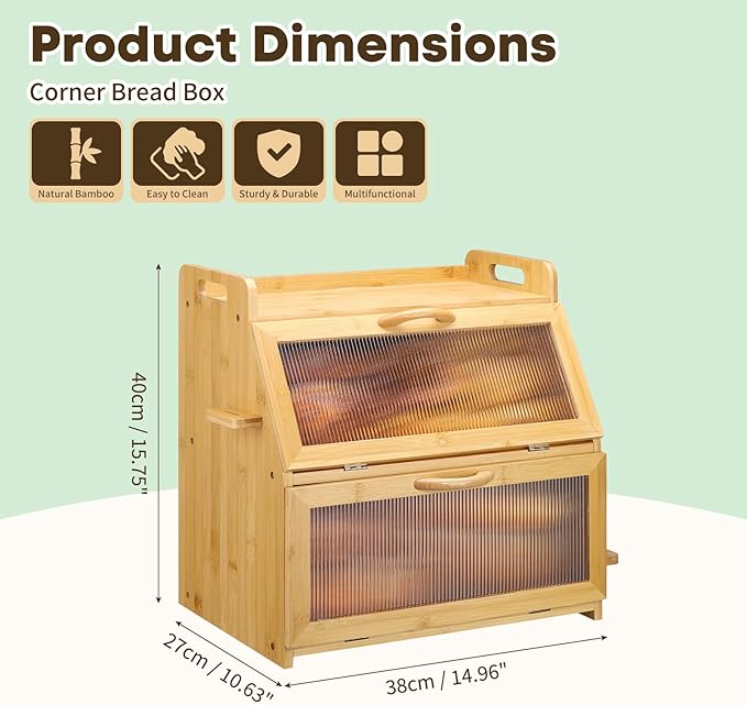 Bread Box for Kitchen Countertop, Large Bread Storage Container for Homemade Bread, Bamboo Farmhouse Organizers, Double Layer Bread Bin with Acrylic Window Holder,Natural
