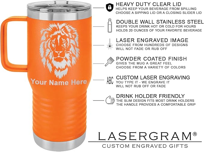 LaserGram 20oz Vacuum Insulated Travel Mug with Handle, Tiki Statue, Personalized Engraving Included (Orange)