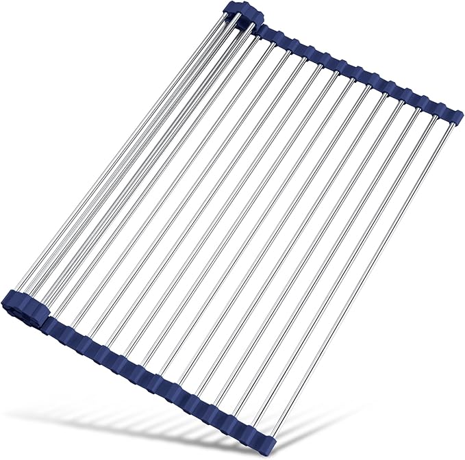 Tomorotec 17.7" x 12.5" Roll Up Dish Drying Rack Over Sink Drying Rack Sink Cover Kitchen Sink Accessories Gadget Multipurpose Organizer Foldable Stainless Steel Drainer