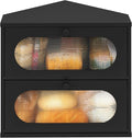 Corner Bread Box for Kitchen Countertop, 2 Tier Black Corner Bread Box, Bamboo Wood Large Capacity Bread Storage Bin with Acrylic Wavy Door Panel