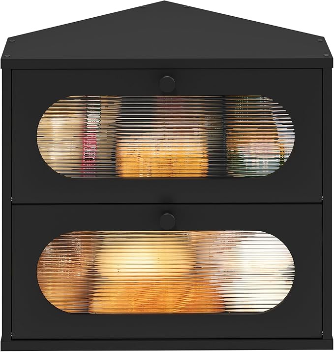 Corner Bread Box for Kitchen Countertop, 2 Tier Black Corner Bread Box, Bamboo Wood Large Capacity Bread Storage Bin with Acrylic Wavy Door Panel