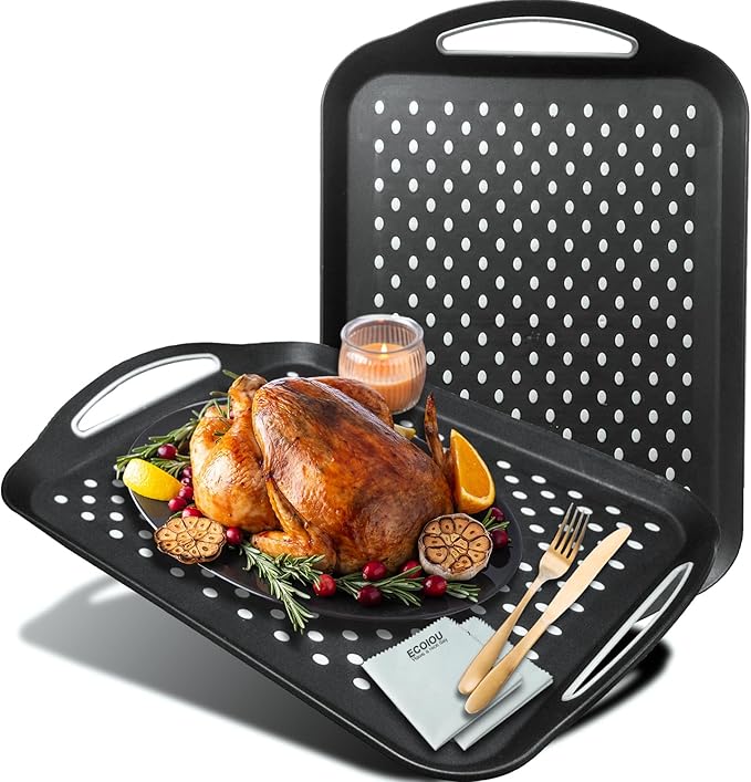 Larger Nonslip Food Serving Tray, 17.9'' x 12'' Grippy Handles Surface Bottom Design, Perfect Trays for Eating, Lap, TV, Couch, Black, Set of 2
