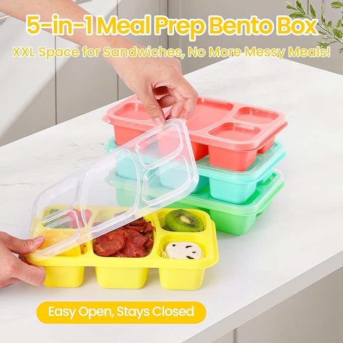 Bento Boxes Adult Lunch Containers 4 Pack, 5 Compartment Reusable Lunchable Containers for Kids, Stackable Snack Box With XXL Space for Sandwiches,Meal Prep for School