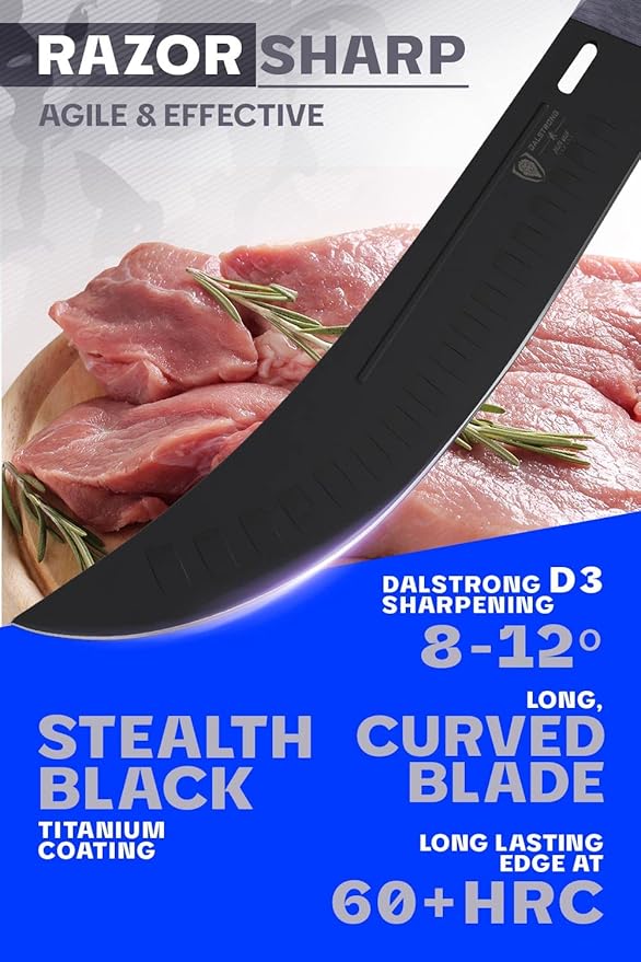 Dalstrong Butcher Knife - 10 inch Delta Wolf Series - Ultra-Thin Zero Friction Blade - HC 9CR18MOV Steel - Black Titanium Nitride Coating - Breaking Knife - G10 Camo Handle - Leather Sheath