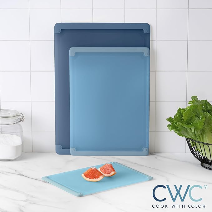 COOK WITH COLOR Extra Large Cutting Board Set, Jumbo-Sized Boards with Rubber Border for Enhanced Cooking Experience, 3-Piece, Blue