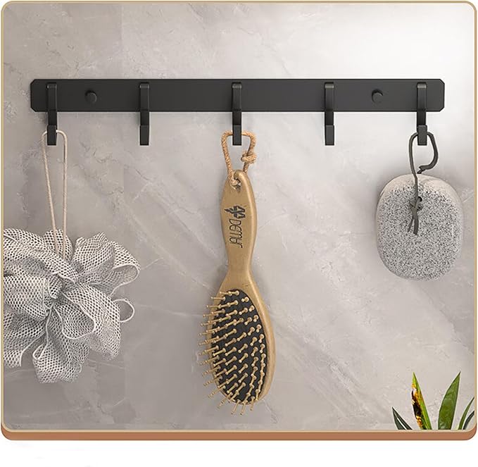 LUYU Matte Black Aluminum 5-Hook Wall Rack - 35lb Total Capacity Bathroom Organizer with Universal Anchors, 14" Space-Saving Design for Towels & Keys (2 Pack)
