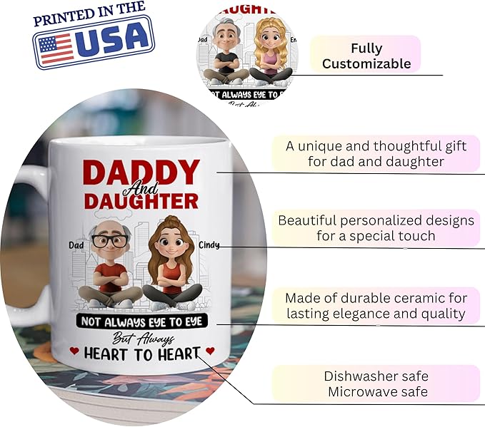 Wrappiness Dad And Daughter Personalized Coffee Mug - Not Always Eyes to Eyes But Always Heart to Heart, Thoughtful Gifts for Daughter from Dad, Mothers Day Birthday Gift from Father