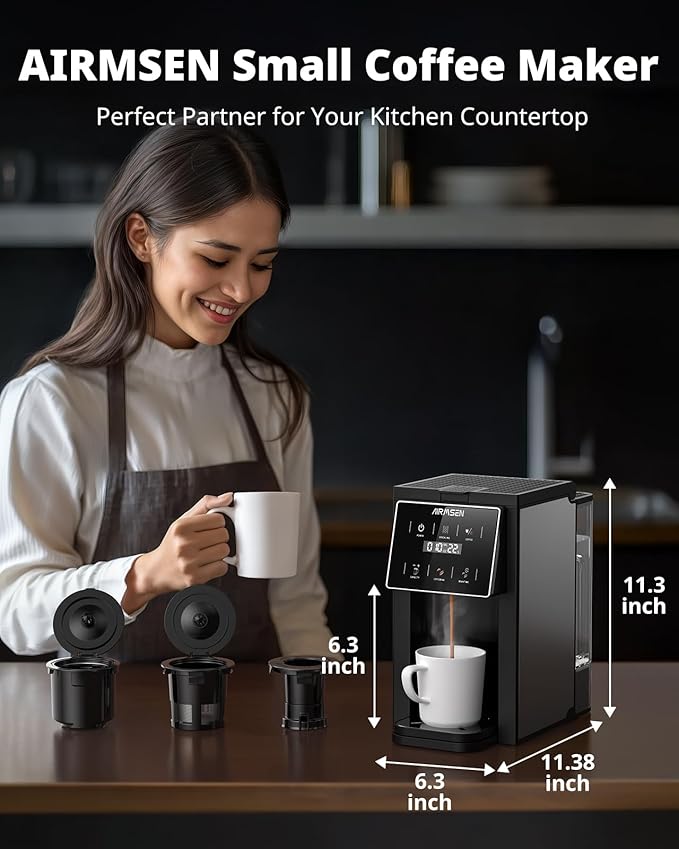 AIRMSEN Grind & Brew Coffee Maker with Grinder - Single Serve Machine Compatible with K-Cup Pods & Ground, 1000W Fast 6-14oz Brewer, Descaling Alert, Touchscreen & 50oz Removable Tank