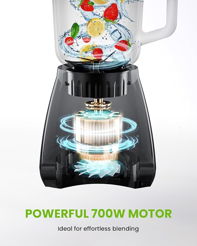 GDOR Blender, 52 Oz Glass Jar, Multi-Function Kitchen Blender & Grinder Combo, 9 Functions with Shakes, Puree, Crush Ice, and Chop, Max 700W, Self Cleaning