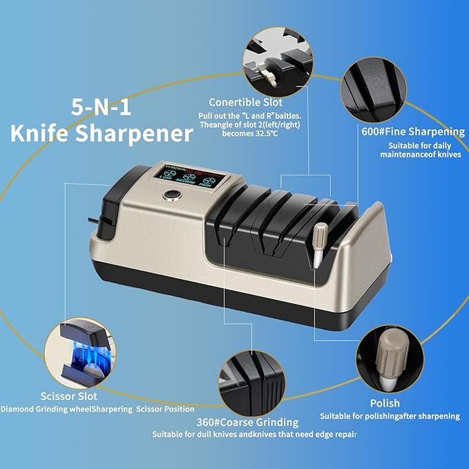 Professional 5-in-1 Electric Knife Sharpener w/LCD, Scissor Sharpener with 3-Speed & 100% Diamond Abrasives -Precision Angle Guides Sharpens Straight, Serrated, Cleaver Knives