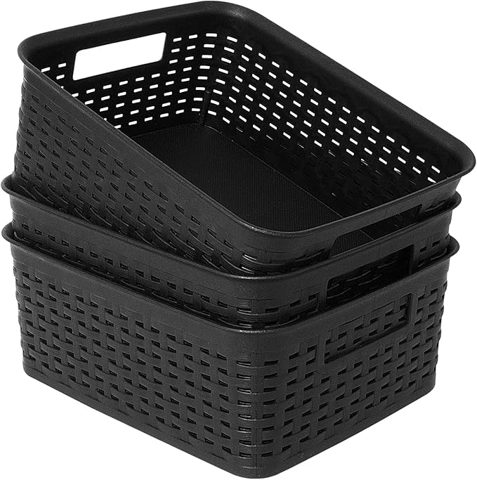 Soddeph Plastic Storage Baskets for Cabinets, Household Pantry Organization with Handle,Organizer Bins for Room,Bathrooms,Under-Sink,Kitchen (Black, S-3PACK)