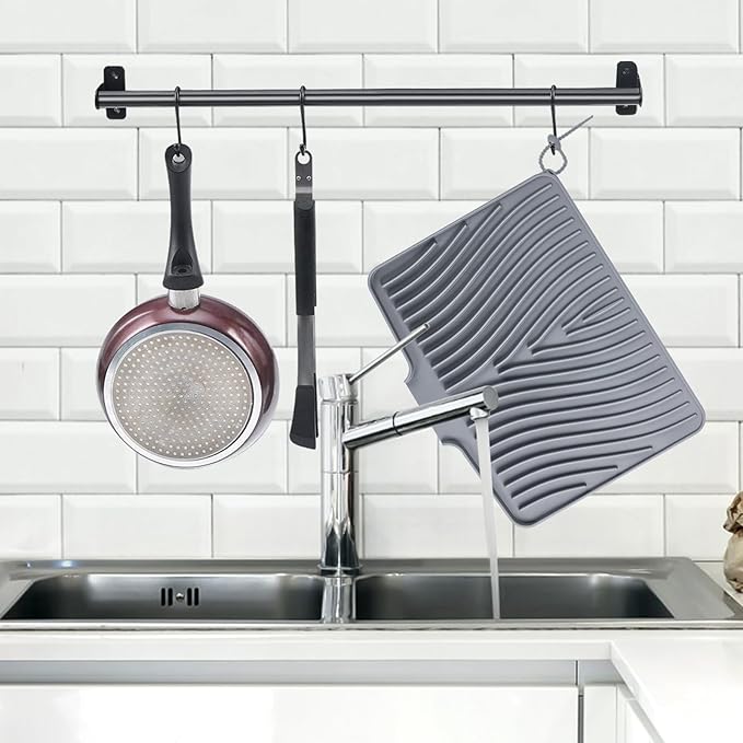 Dish Drying Mat, Stone Drying Mat for Kitchen Counter with Built-in Drain, Non-Slip Drying Matt Kitchen Counter, Heat Resistant Silicone Drying Mat, 2 Pcs(15.8"X 13", Grey)