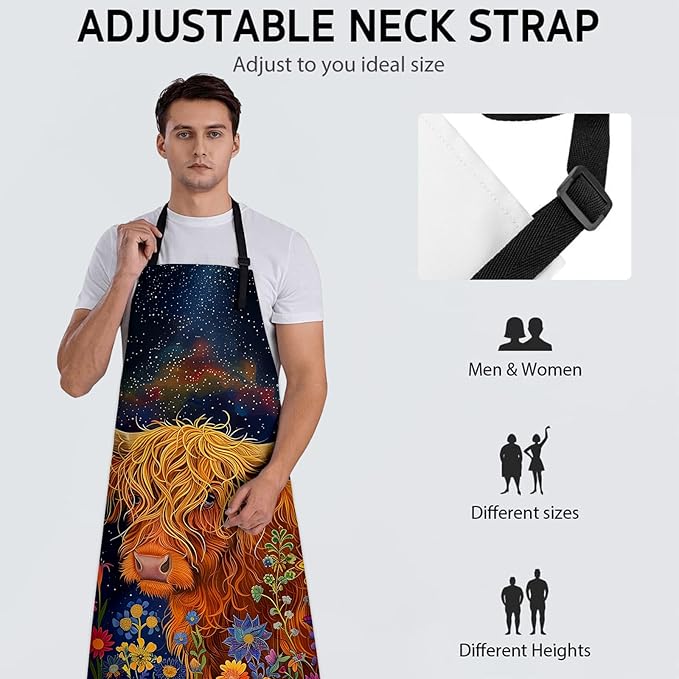 Whimsical Highland Cow Apron, Adjustable Kitchen Shaggy Cow & Wildflowers Aprons with Pockets for Cooking BBQ Gardening, 28×33 IN, Holiday Gifts for Women Wife, for Chef Baking, Oxford Fabric