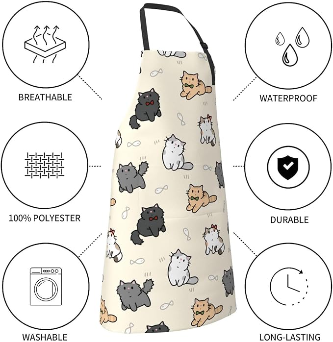 Cute Cat Apron Adjustable with 2 Pockets Cooking Kitchen Aprons for Men Women Outdoors Baking Chef Apron