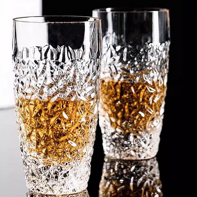 Set of 4 Luxury Highball Glasses - 14oz Cut-Glass Water Drinking Cups - Stackable Collins Glass for Tiny Kitchens, Dishwasher Safe, Elegant Glassware Set Fits Wedding, Christmas