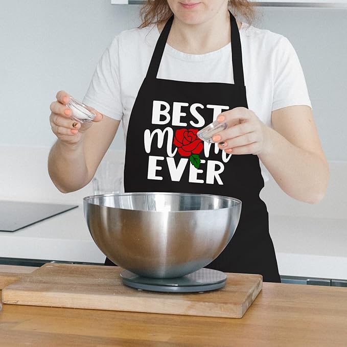 Cooking Aprons for Women with Pockets, Best Mom Ever Apron for Baking Kitchen Chef, Birthday Gifts for Mom Wife