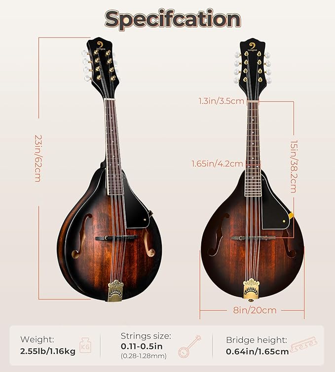 Vangoa Mandolin Instrument A Style, Acoustic Mandolin Musical Instrument Solid Spruce Top 8 String for Beginners, Adults, Teens, Dark Brown