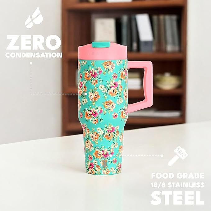 Elemental 32 oz 100% Leak Proof Tumbler with Handle & Straw - Stainless Steel Double Wall Insulated Tumbler for Hot and Cold Beverages - Travel Coffee Mug with Sip & Straw Lid - Vintage Flower