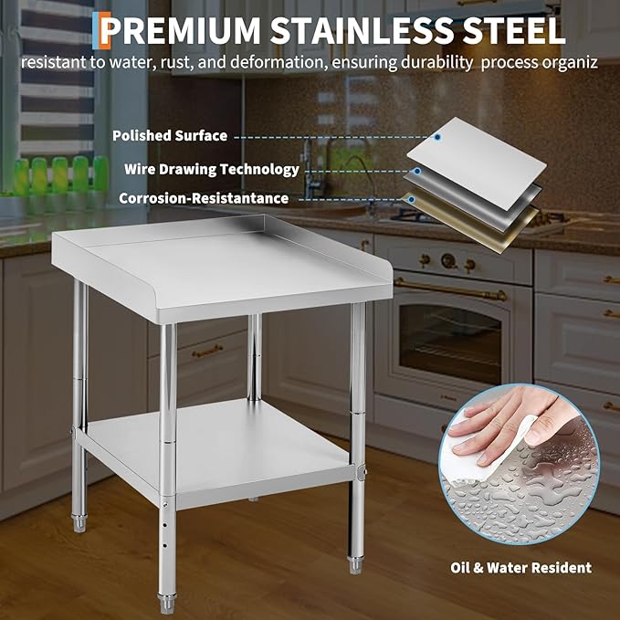 24x24x30 in Stainless Steel Equipment Grill Stand Table 400 LBS Capacity NSF Certified with Adjustable Legs, 2 in Edge Baffle, for Hotel, Home, Commercial Restaurant Kitchen