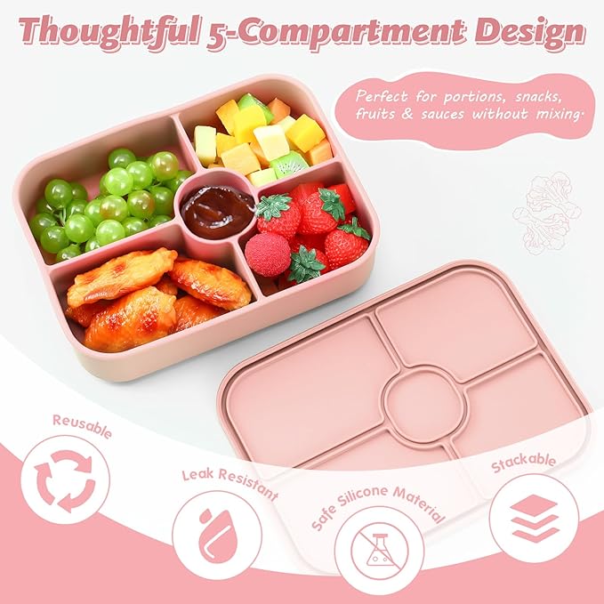 4 Pack Silicone Bento Boxes for Adults, 5 Compartment Reusable Lunch Containers with Sauce Section, Leakproof Meal Prep Snack Box Microwave & Dishwasher Safe for Work School Office(Pink Green Color)