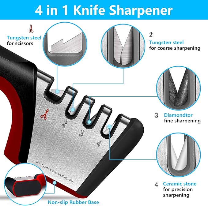 4-in-1 knife sharpener [4 stages], original quality polishing blade, the best kitchen tool for paring knives, steel knives and scissors - including a pair of anti-cutting gloves
