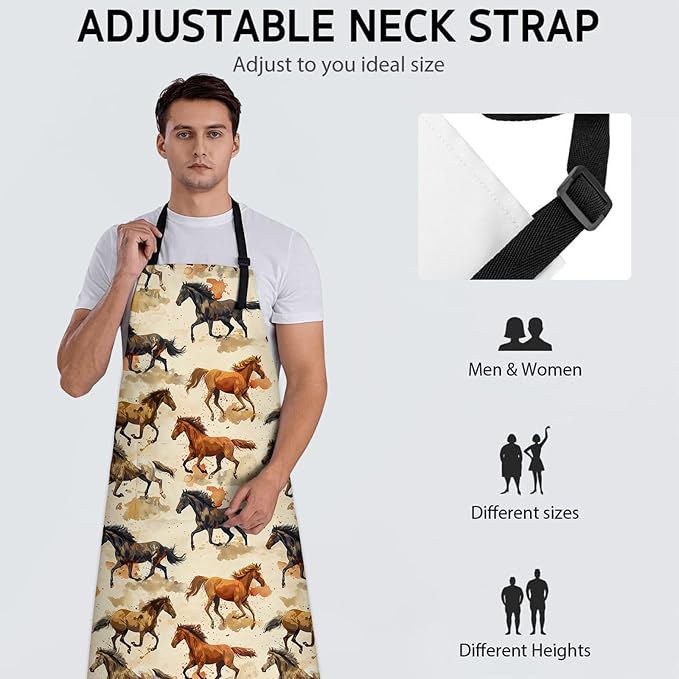 Running Horse Apron, Adjustable Kitchen Watercolor Horses Design Aprons with Pockets for Cooking BBQ Gardening, 28×33 IN, Holiday Gifts for Women Men Wife, for Chef Baking, Oxford Fabric