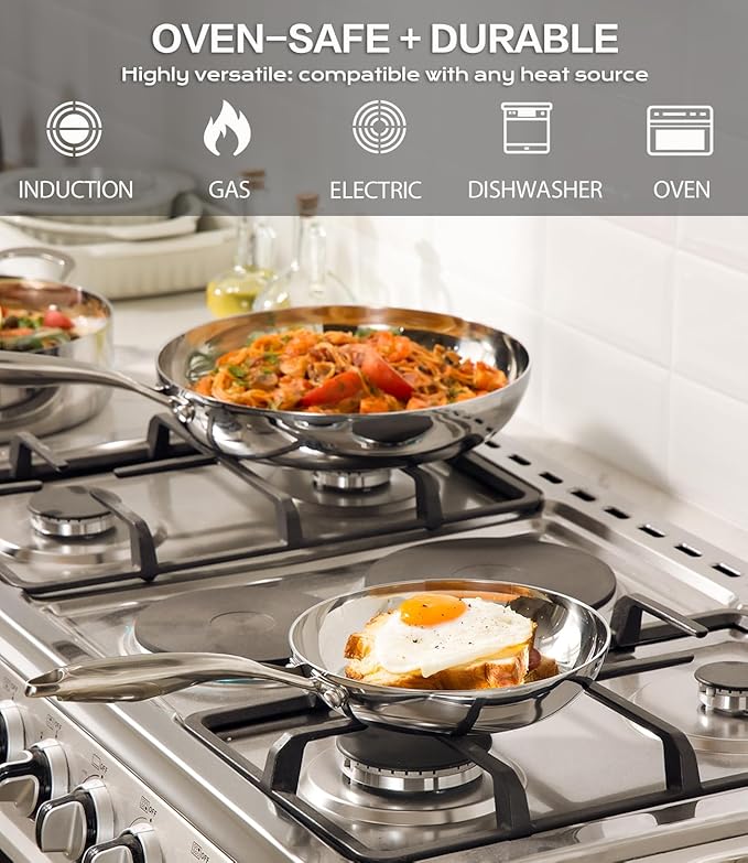 Stainless Steel Frying Pan Sets 6 Piece 8, 10 & 12 Inch with Lids, Oven & Dishwasher Safe Fast and Even Heating Stay Cool Handles Non-toxic PFOA Free Stir Fry Pan Skillets Sets