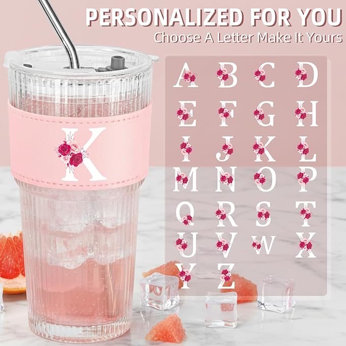 Personalized Gifts for Women,20oz Ribbed Glass Tumbler,Monogrammed Gifts for Women,Birthday Gift,Ice Coffee Mug,Christmas Gift for Mom Sister-K