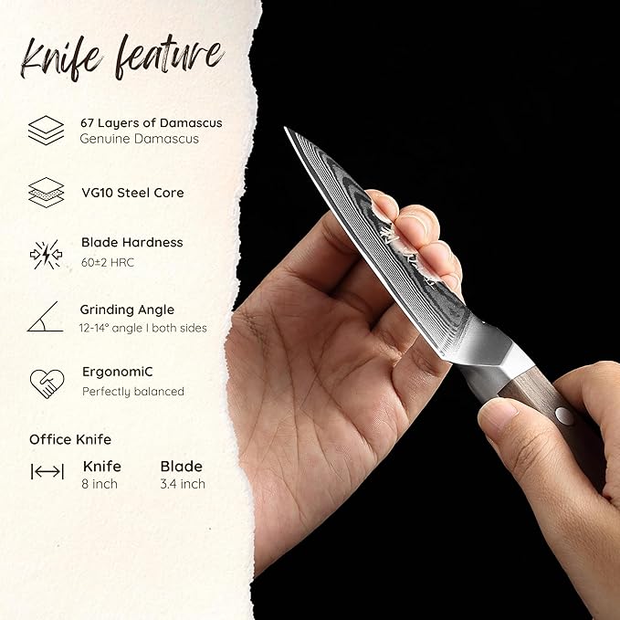 Wakoli HIK Damascus Office Knife – Full Tang Paring Knife | 3.4-Inch Blade Made of 67-Layer Damascus Steel with VG10 Core | Walnut Wood Handle | Sharp, Durable, Gift Box Included
