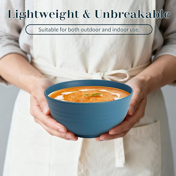 Bowls for Kitchen 8 PCS, Unbreakable Wheat Straw Bowl 26 OZ, Alternative to Plastic Bowls Reusable, Microwave and Dishwasher Safe Serving Bowl for Dinner, Breakfast, Outdoor - Blue