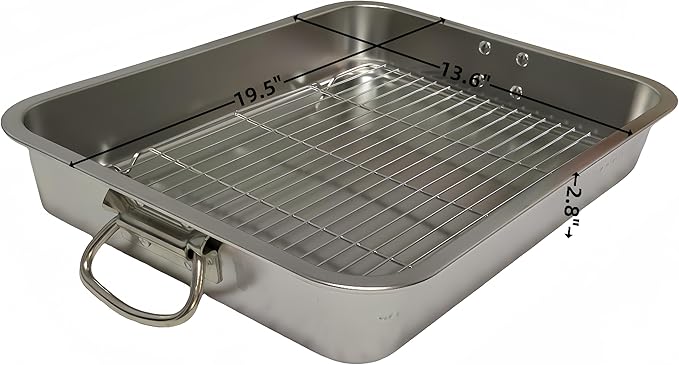 Generic Roasting Pan Stainless steel Roasting pan Turkey Roasting pan with grill Rectangular grill suitable for Turkey, roast chicken and ham (19.5x13.6x2.8in), Silver