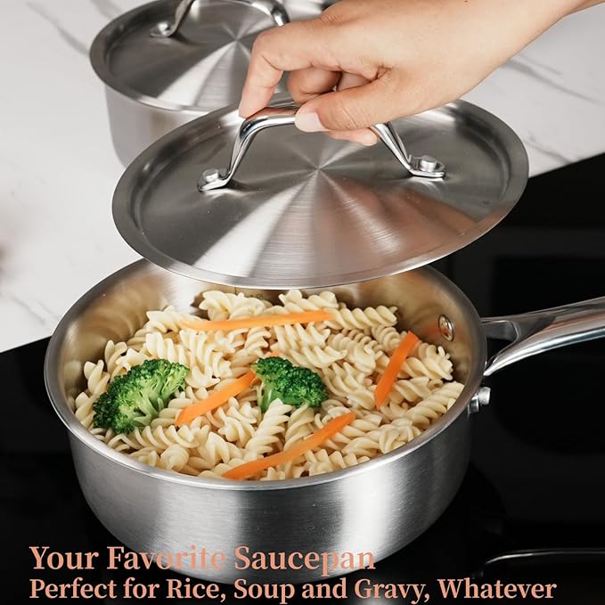 1.5 QT Saucepan with Lid,3-Ply Stainless Steel Saucepan,Professional Grade Cookware,Induction Compatible