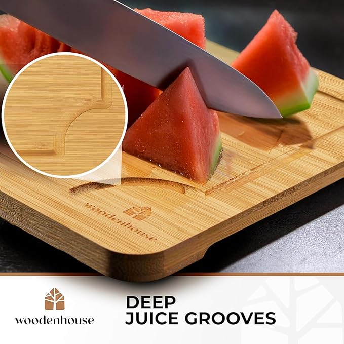 Bamboo Cutting Board Set of 3 - Thick & Durable Wood Cutting Boards with Deep Juice Grooves & Build-in Handles, Large Surface, Easy to Clean – for Meat, Vegetables and Fruits