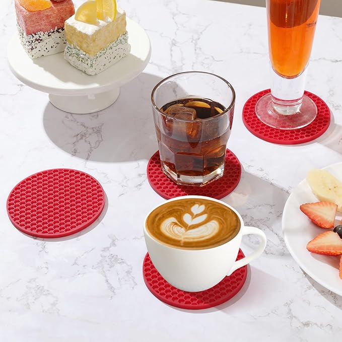 Silicone Coaster Set of 12 with Holder, Drinks Coasters, Beer & Coffee, Suitable for All Cups, Hot or Cold, Anti-Slip, Non-Stick, Anti-Overflow Tabletop Protection and Decor (12 Pcs, Wine Red)