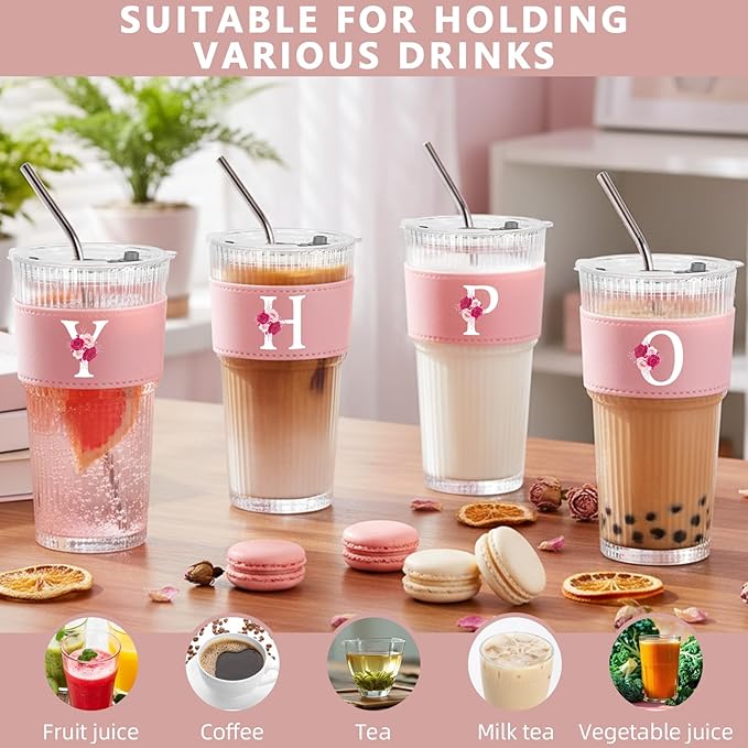 Personalized Gifts for Women,20oz Ribbed Glass Tumbler,Monogrammed Gifts for Women,Birthday Gift,Ice Coffee Mug,Christmas Gift for Mom Sister-P