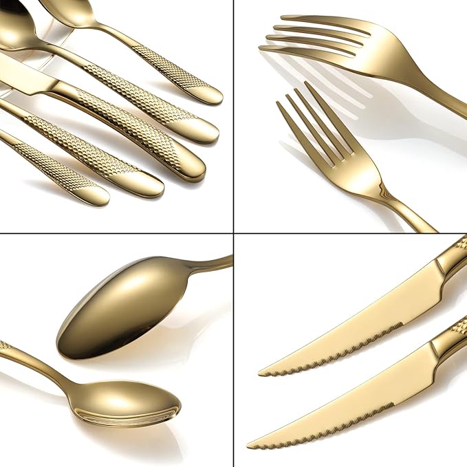 Silverware Set 20-Piece Stainless Steel Gold Flatware Set for 4 Cutlery Tableware Utensils Set Including Fork Spoon and Knife for Home Restaurant Hotel