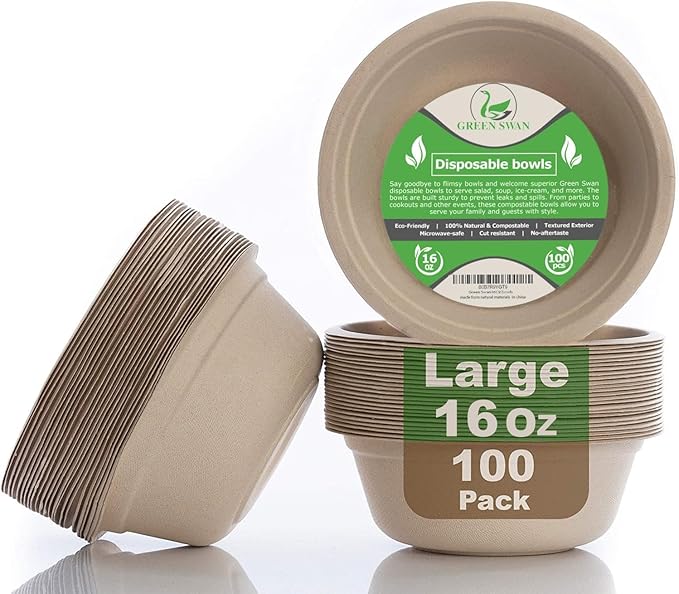 Green Swan Disposable Paper Bowls, 16 Oz [100 Pack] Large Bowl-100% Compostable, Biodegradable, Eco-Friendly Natural Colour Bowls - Convenient for Daily Use for Salad, Hot Soup, and Pasta
