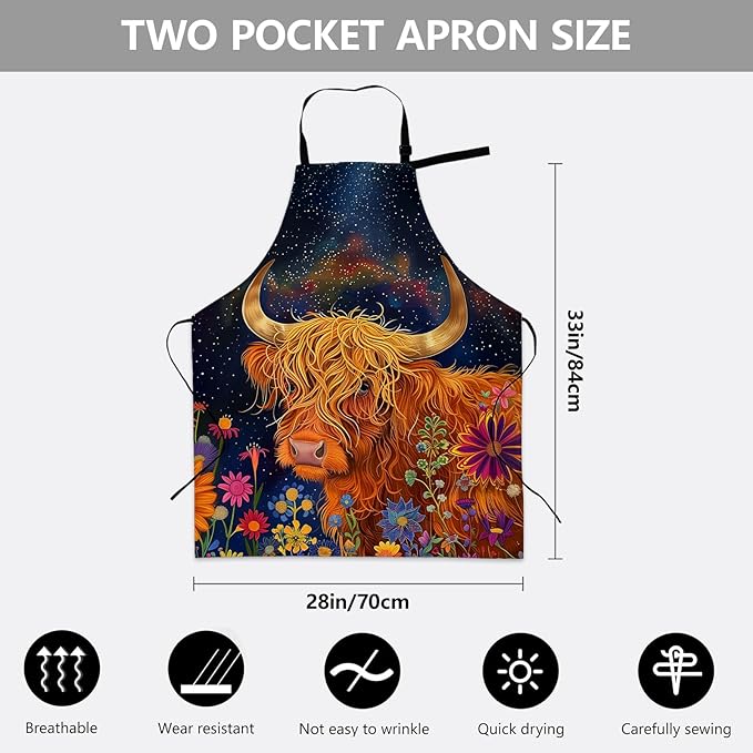 Whimsical Highland Cow Apron, Adjustable Kitchen Shaggy Cow & Wildflowers Aprons with Pockets for Cooking BBQ Gardening, 28×33 IN, Holiday Gifts for Women Wife, for Chef Baking, Oxford Fabric