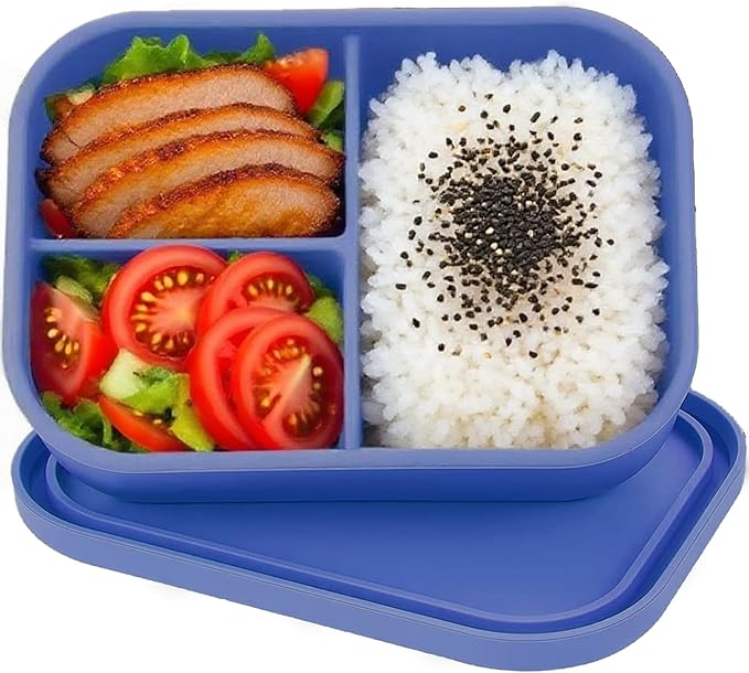 Silicone Adult Bento Box, 3 Compartment Leakproof Silicone Lunch Container, Lunch Box for Men and Women, BPA-Free, Microwave/Dishwasher/Freezer Safe, Reusable Snack Containers (Royal Blue)