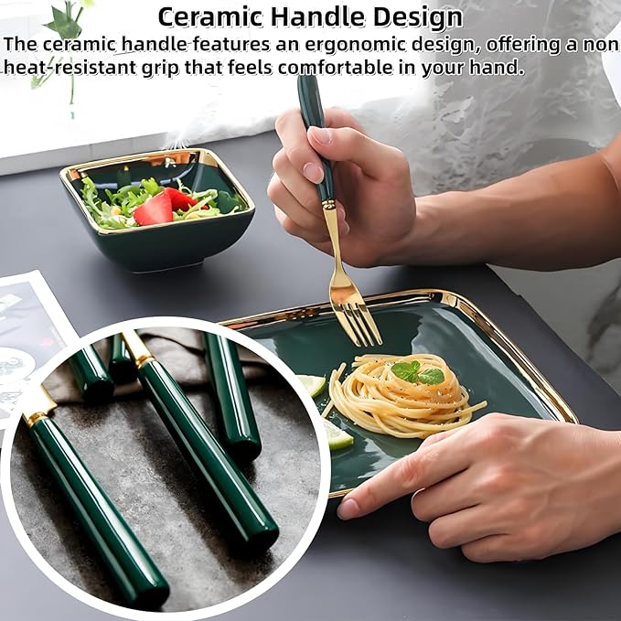 9-Piece Gold Silverware Set with Elegant Emerald Ceramic Handle,Premium Stainless Steel Flatware Set Service for 3,Mirror Polished Dishwasher Safe Luxury Cutlery Set for Home Restaurant