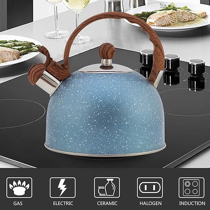 Vilihkc Whistling Stainless Steel Tea Kettle with Wood Grain Anti Heat Handle,2.6 Quart/2.5 Liter Stainless Steel Tea Kettles,Loud Whistling for Tea,Coffee,Gas Electric Applicable