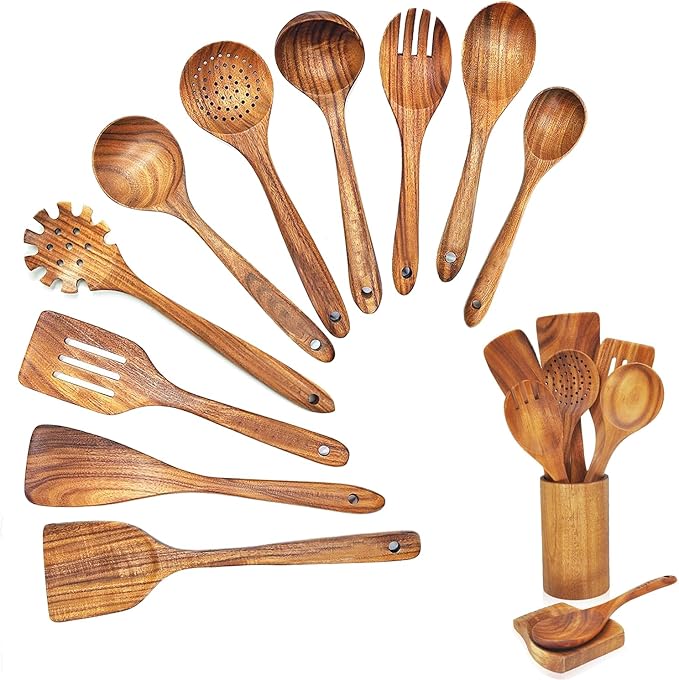 12 Pcs Wooden Spoons for Cooking with Holder, Kitchen Utensils Set Utensils Wooden Spatulas for Cooking