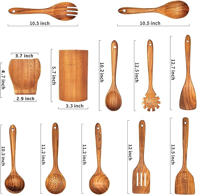 12 Pcs Wooden Spoons for Cooking with Holder, Kitchen Utensils Set Utensils Wooden Spatulas for Cooking
