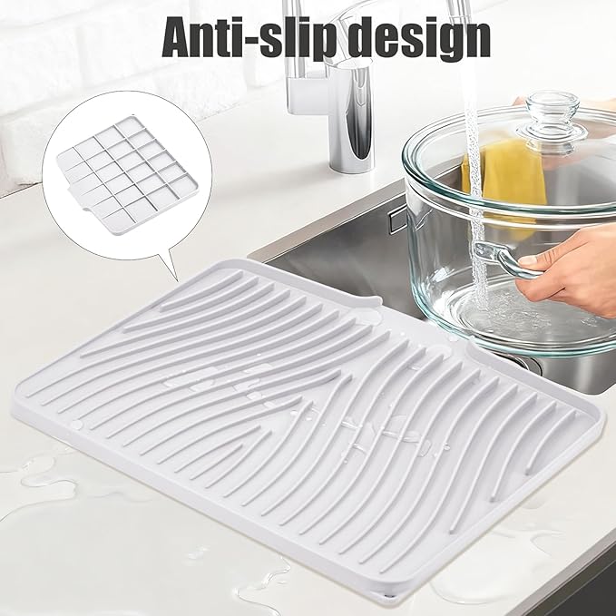 Silicone Dish Drying Mat for Kitchen Counter, Dish Drying Pad, Non-Slip Drain Pad with Built-in Drain, Heat Resistant Stone Drying Mat(Ivory-L 15.8" x 13")