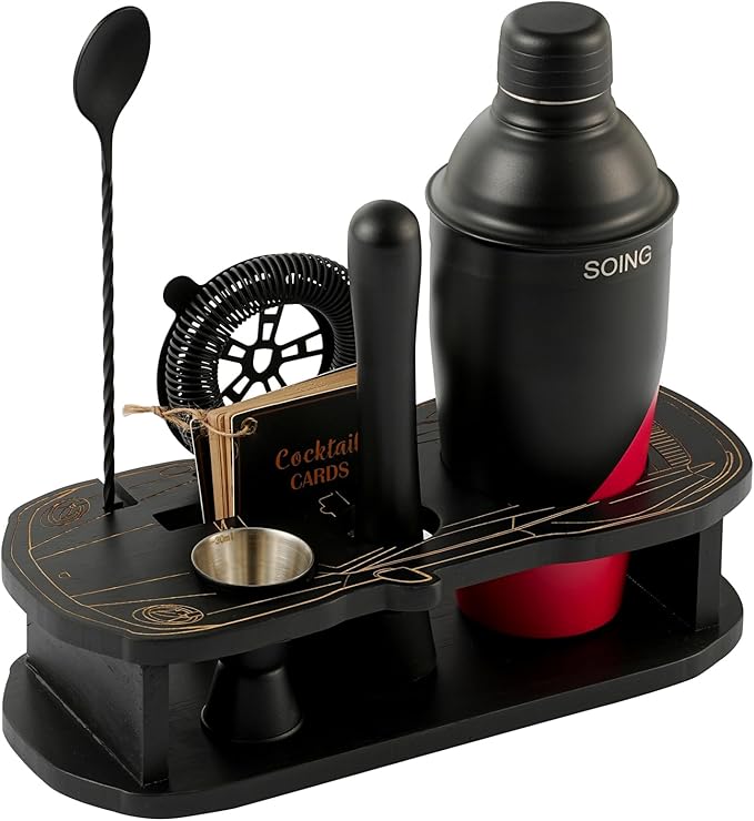 Cocktail Shaker Set with Unique Car-Shaped Wooden Stand,Bartender Kit with 24oz Shaker,Jigger,Muddler,Mixing Spoon,Strainer & Recipe Cards–Professional Home Bar Set