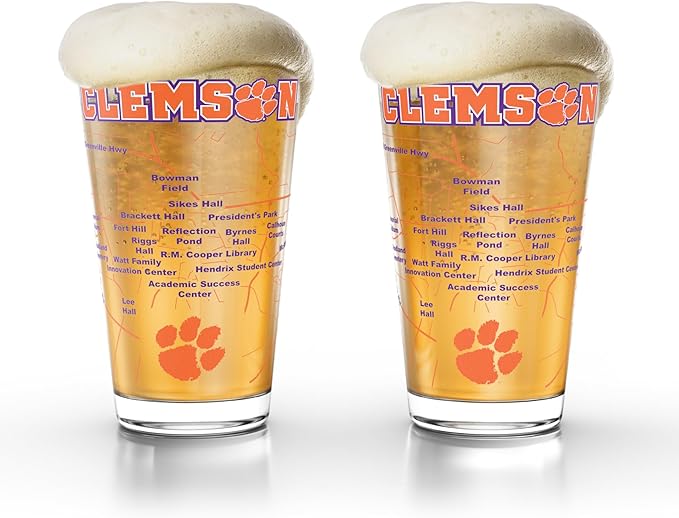 Greenline Goods – University of Clemson Tigers College Pint Beer Glasses (Set of 2), 16 oz – Full-Color Logo + Campus Map
