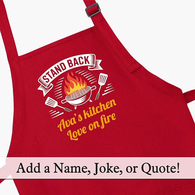 Personalized Medium Length Cooking & Grill Apron – Stand Back Design with Custom Text (1-2 Lines)